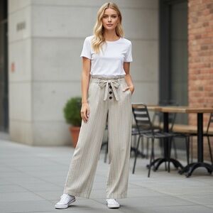 Ci Sono Tan and White Striped Wide Leg Paperbag Pants Belted